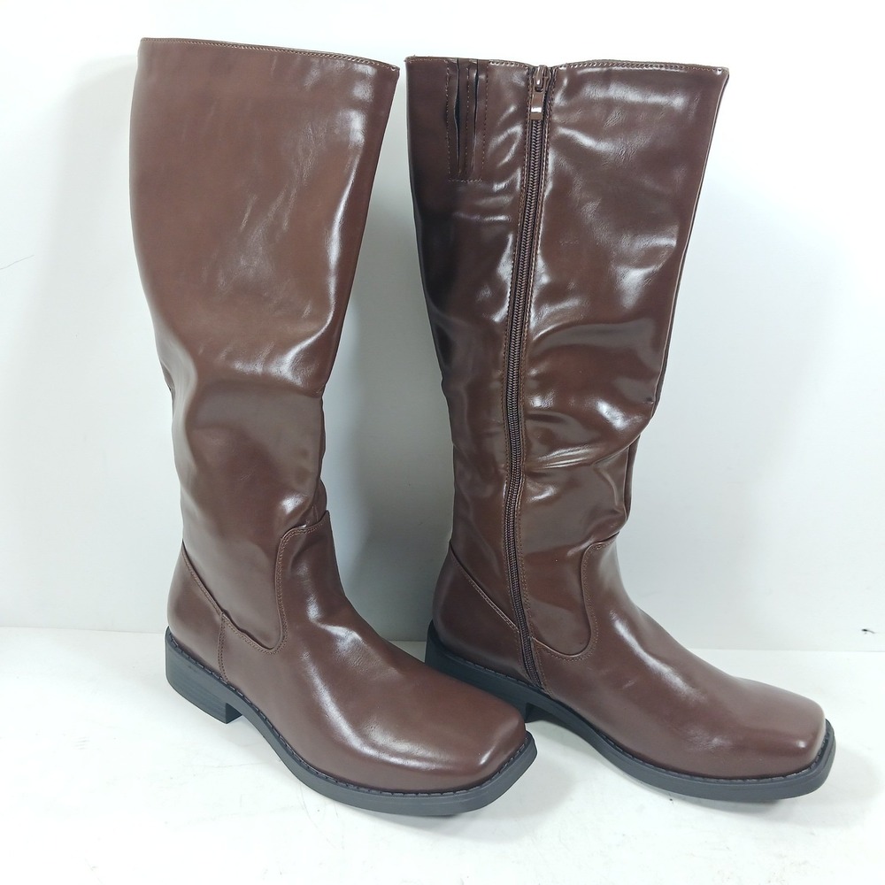 Brown Square Toe Knee High Slouch Boots Side Zip Low Block Heel Tall Size 42